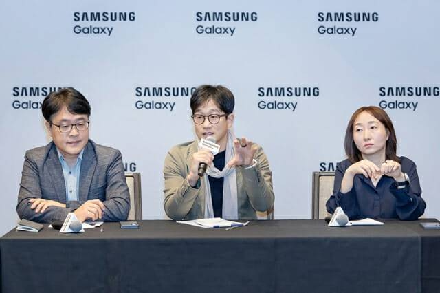 1월 23일(현지시간) 미국 새너제이에서 '갤럭시 AI' 브리핑을 진행하고 있는 모습, 왼쪽부터 삼성전자 MX사업부 CX실 강민석 상무, 삼성전자 MX사업부 CX실장 김정현 부사장, 삼성전자 MX사업부 개발실 정혜순 부사장(사진=삼성전자)
