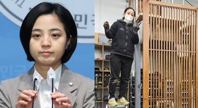 류호정 전 정의당 의원이 지난 2023년 국회에서 청년 관련 정책 발표 기자회견을 하고 있다. (왼쪽) 연합뉴스. 목수가 된 근황을 전한 류 전 의원. 류 전 의원 인스타그램 캡처