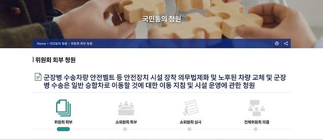 ‘군 장병 수송 차량 안전벨트 등 안전장치 시설 장착 의무 법제화’ 등 국회 국민동의 청원. 국회 전자 청원 누리집 내려받음