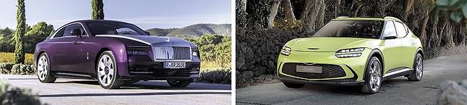 주요 완성차 업체가 국내에서 판매 중인 전기차들을 분석한 결과, 저온 주행거리가 상온 주행거리와 가장 비슷한 차량은 롤스로이스의 ‘스펙터’(왼쪽)로 나타났다. 상온 대비 저온 주행거리 비율은 98.4%로 집계됐다. 국산차 중에선 제네시스의 ‘GV60(사륜구동·19인치)’의 상온 대비 저온 주행거리 비율이 93.8%로 가장 높았다. /롤스로이스·제네시스 제공