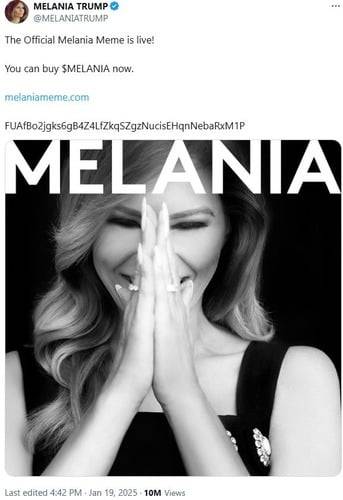 멜라니아는 ‘락업’ 기간을 단 1개월로 설정한멜라니아 코인을 발행했다./X