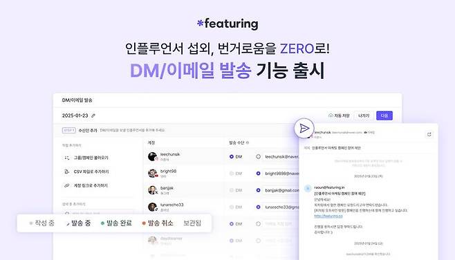 [서울=뉴시스]피처링, 인플루언서 대상 DM·메일 대량 발송 기능 출시.(사진=피처링 제공) 2025.02.01 *재판매 및 DB 금지