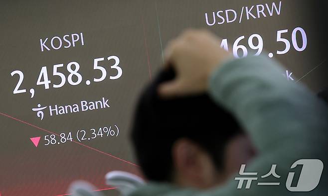 3일 오전 서울 중구 하나은행 본점 딜링룸 전광판./뉴스1 ⓒ News1 김성진 기자