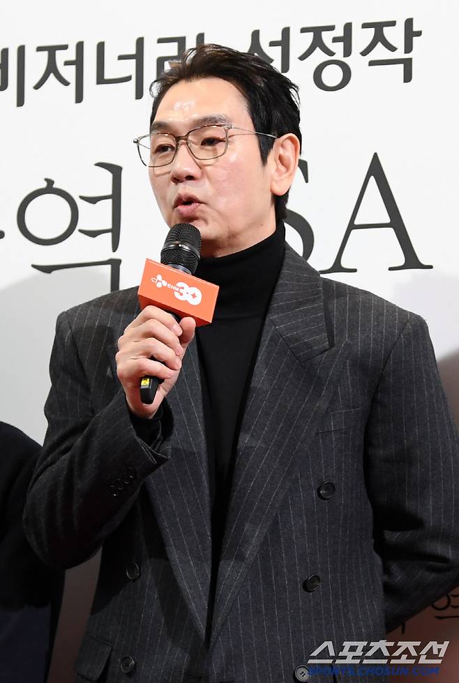CJ ENM 30주년 기념 비저너리 선정작 영화 '공동경비구역 JSA' GV가 4일 서울 용산구 한강로동 CGV용산아이파크몰에서 열렸다. 김태우가 인터뷰를 하고 있다. 용산=박재만 기자 pjm@sportschosun.com/2025.02.04/