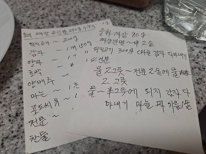 ‘중화짜장 팔십그램, 짜장분말 두 큰술, 돼지고기 삼백그램, (마늘, 감자, 다마내기) 4인분’. 친척 어르신 댁에 인사하러 갔더니 힘찬 글씨체로 적힌 조리법이 냉장고에 붙어 있다. 필자 제공