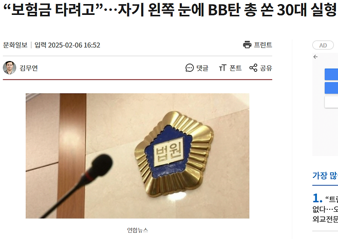 image.png “보험금 타려고”…자기 왼쪽 눈에 BB탄 총 쏜 30대 실형