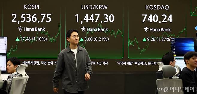 6일 오후 서울 중구 하나은행 딜링룸에서 딜러들이 업무를 하고 있다. /사진=뉴시스