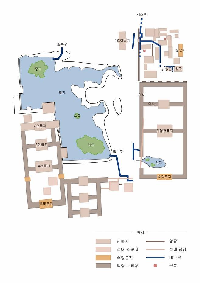경주 동궁과 월지 조사 구역 건물 배치 추정도 [국가유산청 제공. 재판매 및 DB 금지]