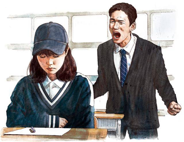 선생님은 "모자를 벗어라"는 지시를 따르지 않은 고교생 이민지(17·가명)에게 소리를 질렀다. 분명 교권을 침해하는 일이었지만 아이에게는 그만한 사정이 있었다. 민지는 딥페이크 피해자였다. 일러스트=신동준 기자