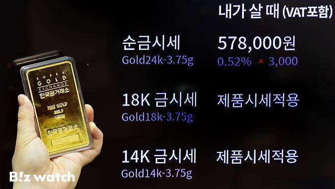 미국 트럼프발 관세 위협에 안전자산 수요가 급증하고 있는 가운데 서울 종로구 한국금거래소에서 24K 금값 1돈(3.75g) 매입가격이 57만원을 넘어서고 있다./사진=이명근 기자 qwe123@
