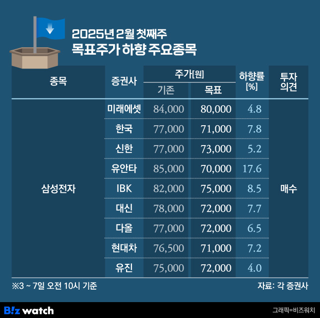 2025년 2월 첫째주 목표주가 하향 주요 목록/그래픽=비즈워치
