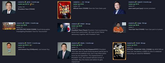 윤석열 대통령의 사진을 활용·패러디해 생성된 밈 코인들. 윤 대통령이나 실제 정당과는 아무 관련없는 '온라인 놀이'에 가깝다.