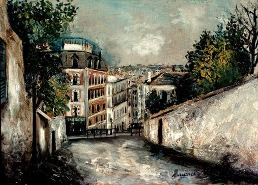 몽마르트르 풍경(1910). 수백 점 그린 몽마르트르 풍경 중에서도 대표작 중 하나로 꼽힌다. 때에 찌든 벽과 어두운 하늘이 위트릴로 특유의 정서를 그대로 보여준다. 이 근처에는 위트릴로가 살았던 코르토 거리가 있다. /파리 국립근대미술관