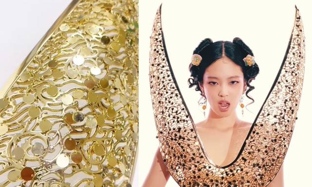 신라 금관에서 영감을 받은 의상(왼쪽)을 완벽하게 소화한 제니 모습. LEJE SNS·JENNIE 유튜브 영상 캡처