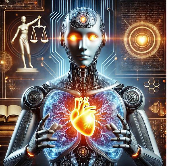 기계가 인간의 도덕을 이해할 수 있을까. 인공지능(AI)을 안전하고 공정하게 만들려면 어떻게 해야 할까. AI 윤리 분야 전문가 3인 공저 ‘도덕적인 AI’는 현재는 AI 기술을 쓸지 말지 논쟁할 때가 아니라, AI가 초래할 잠재적 편익과 위험을 면밀하게 파악하고, AI 기술과 맞물린 도덕적 가치의 문제를 어떻게 해결해나갈지 지혜를 모을 때라고 주장한다. 사진은 ‘인간의 도덕성을 탑재한 AI’를 주제로 챗GPT가 생성한 이미지.