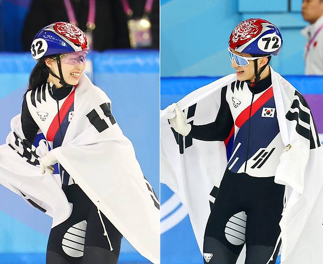 9일 중국 하얼빈 헤이룽장 빙상훈련센터 다목적홀에서 열린 하얼빈 동계아시안게임 쇼트트랙 남녀 1000m 결승에서 각각 금메달을 획득한 최민정(왼쪽)과 장성우가 몸에 태극기를 두르고 기뻐하고 있다. 사진 | 연합뉴스
