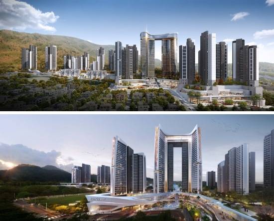 경기권 재건축 최대어로 꼽히는 경기 성남시 은행주공아파트(1·2단지) 사업 시공권을 놓고 포스코이앤씨와 두산건설의 경쟁이 불붙었다. 사진은 두산건설이 제안한 성남 은행주공아파트 재건축 정비사업 투시도(위)와 포스코이앤씨가 제안한 더샵마스터뷰 전경. /사진=각 사