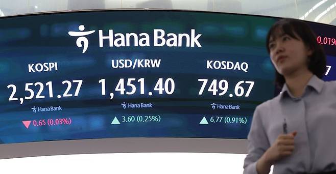 10일 오후 서울 중구 하나은행 딜링룸 전광판에 코스피·코스닥지수, 원·달러 환율 종가 등이 표시돼 있다. ⓒ뉴시스