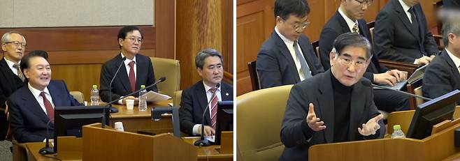 1월23일 서울 종로구 헌법재판소에서 열린 탄핵심판 4차 변론에 참석한 윤석열 대통령(왼쪽)과 김용현 전 국방부 장관. ⓒ헌법재판소 제공