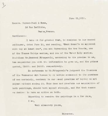 당시 모네가 거래하던 화랑인 뒤랑-뤼엘과 우스터미술관이 주고받은 전보.