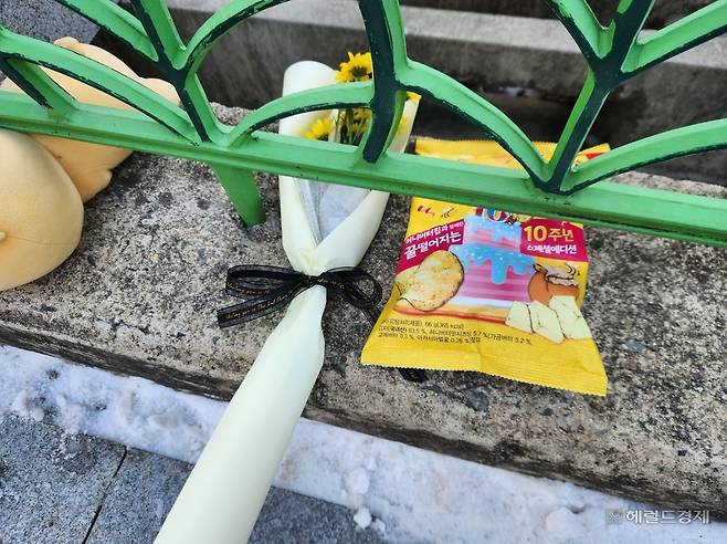 대전의 한 초등학교에서 교사가 학생을 흉기로 찔러 살해하는 사건이 발생했다. 해당 초등학교 앞에 놓인 추모 꽃다발과 과자. 이영기 기자