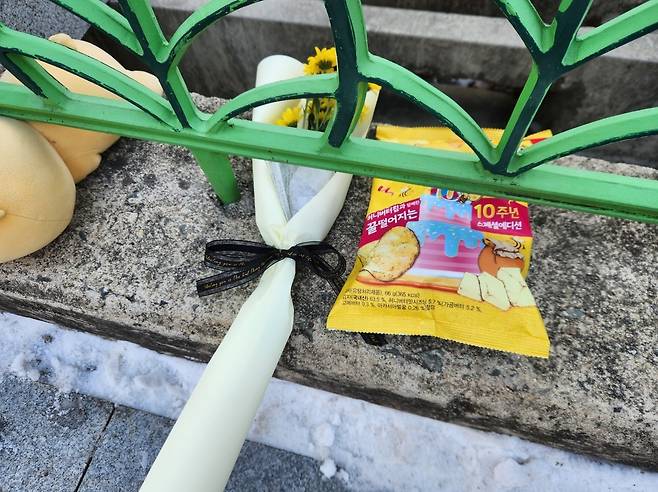 대전의 한 초등학교에서 교사가 학생을 흉기로 찔러 살해하는 사건이 발생했다. 해당 초등학교 앞에 놓인 추모 꽃다발과 과자. 이영기 기자