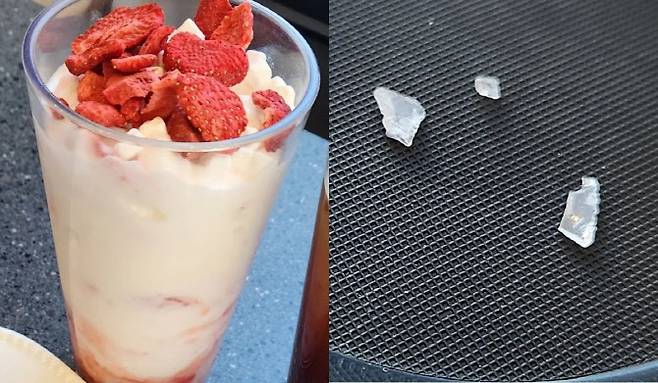 딸기 스무디와 그 안에서 발견된 플라스틱 조각들. 계랑 스푼을 넣고 함께 분쇄한 것으로 파악됐다. (사진=사회관계망서비스)