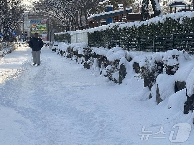 7일 오전 8시께 전북자치도 전주시 완산구 효자동에서 한 시민이 발목까지 쌓인 눈길을 걸어가고 있다. ⓒ News1 장수인 기자