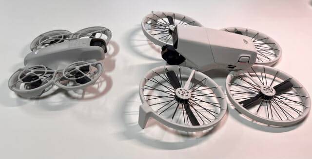 DJI 네오(왼쪽)와 플립(오른쪽) 크기 비교 (사진=지디넷코리아 신영빈 기자)