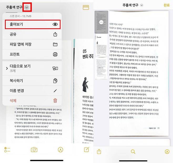 파일 상단 이름 옆의 ‘아래 화살표’ 모양을 누르면, 문서에 대한 편집 메뉴가 나온다 / 출처=IT동아