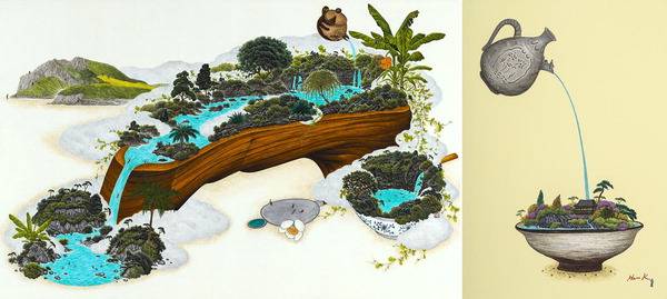 동양화의 미학을 유머러스하게 풀어낸 하루.K 작가의 ‘다향만리’ 시리즈 작품(왼쪽)과 ‘Pour the Tea’ 시리즈 작품. 이젤리 제공