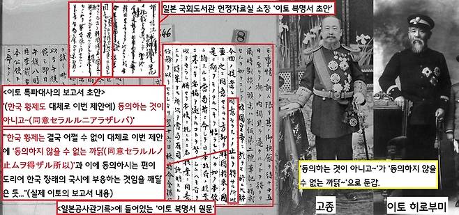 이토는 15일의 알현을 끝내고 “한국 황제는…이번 제안에 동의할 수밖에 없는 까닭, 그것이 그것이  오히려 한국의 장래에 맞는다는 것을 깨달았다~”고 정리한 보고서를 작성했다. 하지만 이 보고서는 조작임이 드러났다. 이 보고서의 초안에 분명히 적혀있는 ‘한국 황제가 일본의 제안에 동의하지 않았다’는 구절을 지우고 동의한 것으로 둔갑시킨 것이다.|<일본공사관기록> 24권·<이등박문복명서초안>(1905년 12월8일)