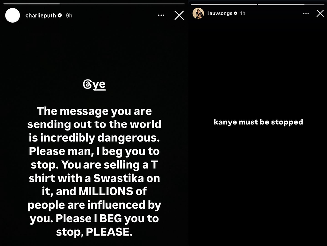 10일(현지시간) 칸예 웨스트의 행동을 비판하는 미국 가수 찰리 푸스와 라우브. 각 SNS 계정 캡처