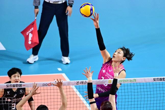 높은 타점의 공격을 펼치고 있는 김연경(오른쪽). /사진=KOVO 제공