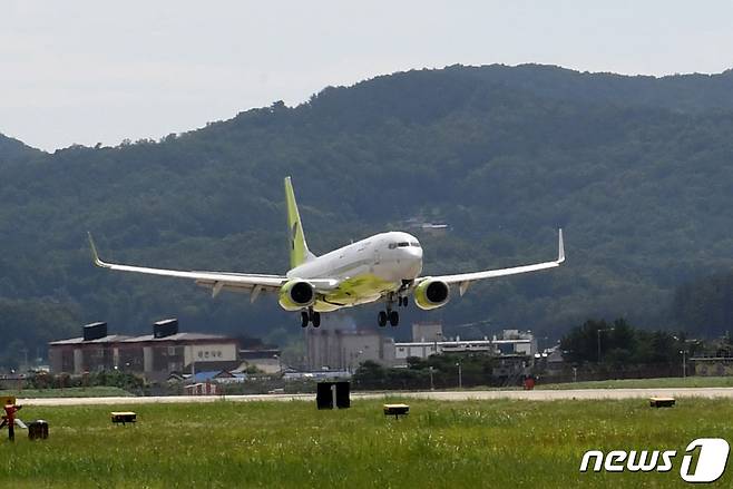 대한항공 자매회사인 진에어 B737-800(189석) 제주행 항공기가 31일 오전 경북 포항시 남구 포항공항 활주로를 이륙하고 있다. 진에어는 이날부터 포항~김포, 포항~제주 노선에 B737-800(189석) 항공기를 투입한다. 2020.7.31/뉴스1 ⓒ News1 최창호 기자