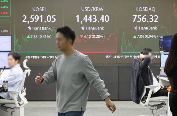 지난 14일 서울 중구 하나은행 본점 딜링룸 현황판에 코스피와 원/달러 환율, 코스닥 지수가 표시돼 있다. 연합뉴스