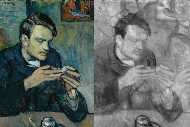 파블로 피카소(1881~1973)의 1901년 작품 ‘마테우 페르난데스 데 소토의 초상화’와 이를 특수 촬영한 모습. /코톨드 미술관