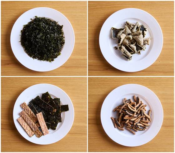 김은 흔히 아는 사각형 형태 외에도 다양하게 가공할 수 있다. 왼쪽 위에서 시계방향으로 김자반·김부각·김스낵·김어포.