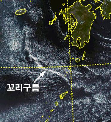 [청주=뉴시스] 충북 청주 소재 기상청 제휴 관측기관 고려대기환경연구소가 17일 공개한 제주도 남부의 꼬리구름. 천리안 위성이 포착한 영상을 보면 구름 머리는 한라산 정상에 걸려있고, 꼬리는 일본 오키나와 북부까지 늘어져있는걸 확인할 수 있다. 길이는 대략 1000㎞에 달한다. (사진=고려대기환경연구소 제공) 2025.02.17. photo.newsis.com *재판매 및 DB 금지