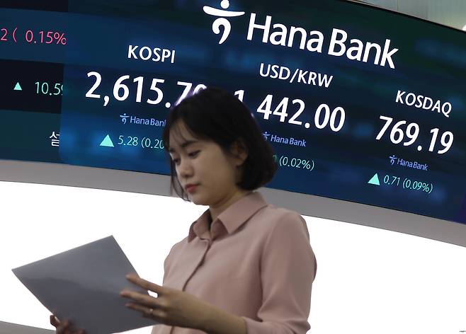 18일 오전 서울 중구 하나은행 본점 딜링룸 현황판에 코스피, 원/달러 환율, 코스닥 지수가 표시돼 있다. [연합]