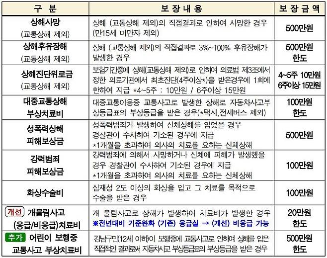강남구 구민안전보험 보장항목 [강남구 제공. 재판매 및 DB 금지]