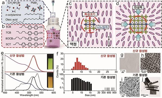 액정 기반 신규 합성법을 통한 균일한 크기 및 모양의 페로브스카이트 나노입자 합성 모식도 및  결과 이미지.