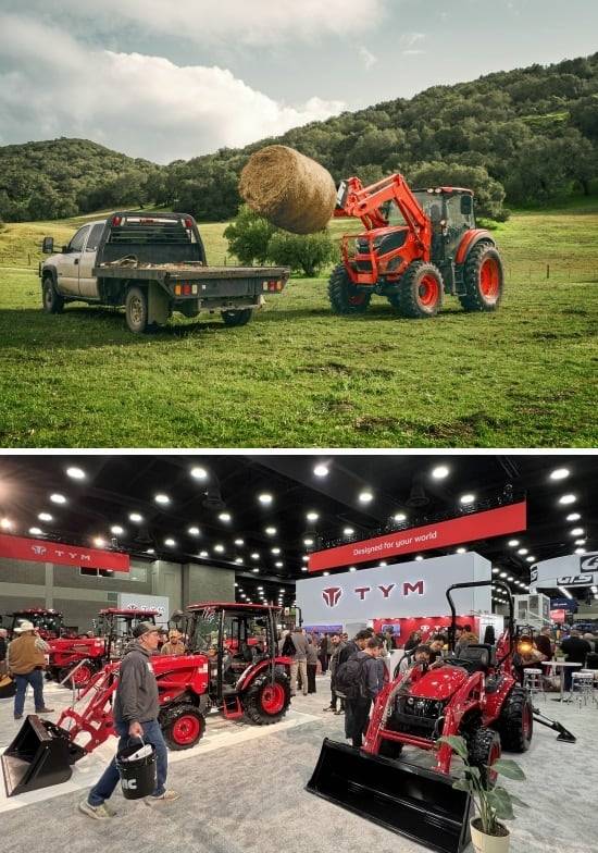 북미 시장에서의 대동 트랙터(위)와 북미 최대 농기계 박람회 ‘NFMS 2025’에 참가한 TYM. /각 사