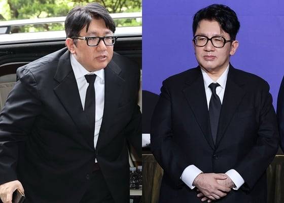 지난해 5월의 방시혁 의장(왼쪽), 20일 한국경제인협회 정기총회에 참석한 방 의장. /뉴스1