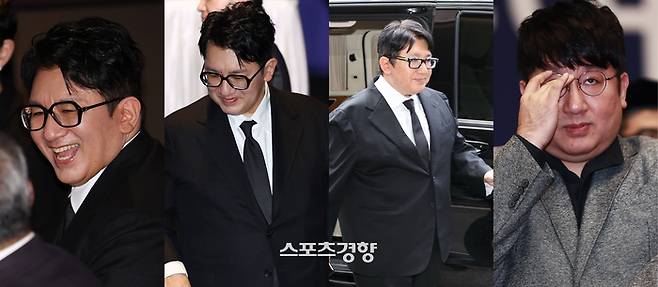 방시혁 하이브 의장의 20일 한경협 모습(왼쪽과 두번째)과 과거 모습. 경향신문 자료사진