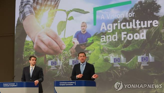 EU, 수입 농식품 규제 강화 추진 (브뤼셀 EPA=연합뉴스) 라파엘레 피토 EU 결속·개혁담당 수석 부집행위원장(왼쪽)과 크리스토프 한센 농업·식품담당 집행위원이 19일(현지시간) 농식품 정책 로드맵을 발표하고 있다. 2025.2.19 photo@yna.co.kr [재판매 및 DB 금지]