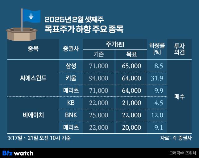2025년 2월 셋째주 목표주가 하향 주요 목록/그래픽=비즈워치