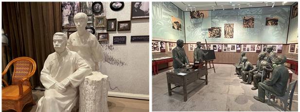 ▲루쉰기념관 내 루쉰과 쉬광핑(좌), 루쉰의 활동 모습. 중국국민당 제1차 전국대표대회 개최지는 루쉰기념관을 겸한다. 베이징 정부가 학생 시위를 유혈 진압하면서 루쉰이 베이징여자사범학교에서 가르치던 제자 3명이 사망하였다. 문제 인물로 지목받은 루쉰은 제자이자 나중에 아내가 된 쉬광핑(許廣平)과 함께 베이징을 벗어나 광저우로 내려왔고, 중산대학에서 교편을 잡았다. ⓒ사진 윤세병