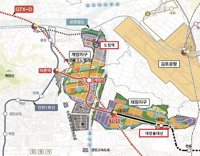 계양구가 제시한 대장·홍대선 연장안(T01부터 계양1역을 지나 박촌역까지 이어지는 빨간선). (자료 = 계양구 제공)