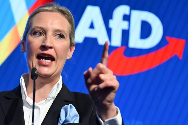 독일에서 극우 계열로 통하는 독일대안당(AfD)의 알리스 바이델 공동대표가 23일(현지시간) 독일 베를린 당사에서 연설하고 있다.EPA연합뉴스